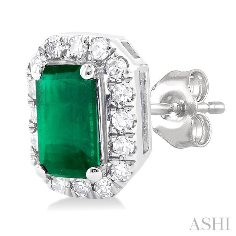 1/8 ctw Round Cut Diamond and 5X3MM Octagonal Shape Emerald Halo Precious Stud Earrings in 10K White Gold