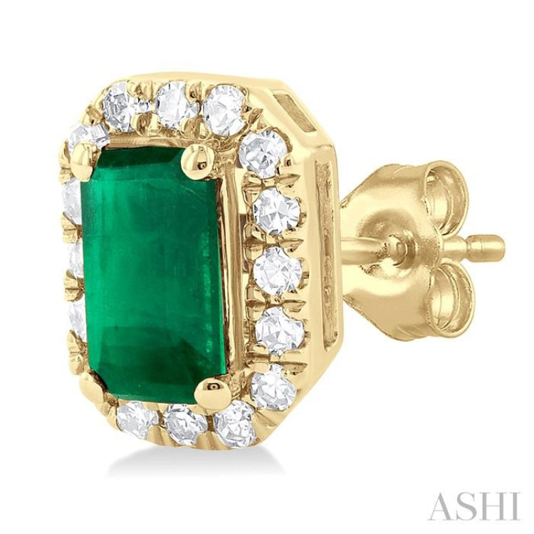 1/8 ctw Round Cut Diamond and 5X3MM Octagonal Shape Emerald Halo Precious Stud Earrings in 10K Yellow Gold