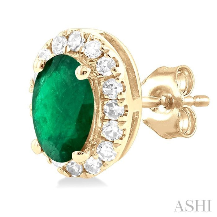 1/8 ctw Round Cut Diamond and 5X3MM Oval Shape Emerald Halo Precious Stud Earrings in 10K Yellow Gold