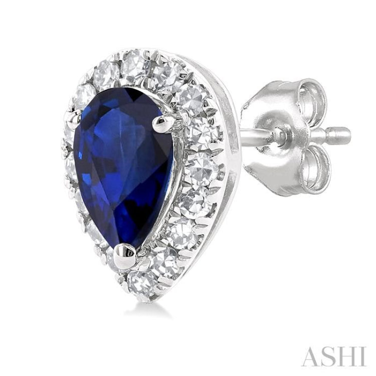 1/8 ctw Round Cut Diamond and 5X3MM Pear Cut Sapphire Halo Precious Stud Earrings in 10K White Gold