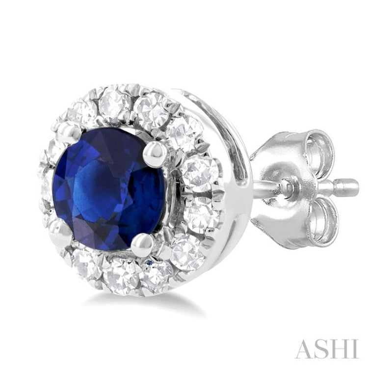 1/10 ctw Round Cut Diamond and 3.25MM Round Cut Sapphire Halo Precious Stud Earrings in 10K White Gold