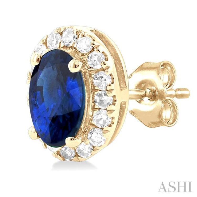 1/8 ctw Round Cut Diamond and 5X3MM Oval Shape Sapphire Halo Precious Stud Earrings in 10K Yellow Gold