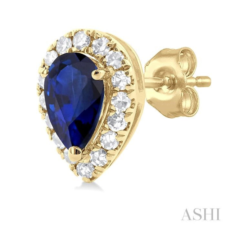 1/8 ctw Round Cut Diamond and 5X3MM Pear Cut Sapphire Halo Precious Stud Earrings in 10K Yellow Gold