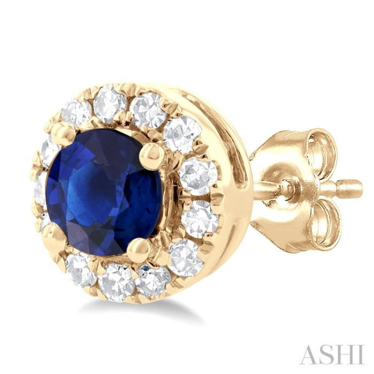 1/10 ctw Round Cut Diamond and 3.25MM Round Cut Sapphire Halo Precious Stud Earrings in 10K Yellow Gold