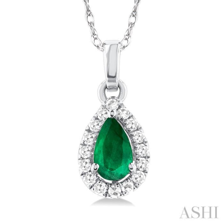 1/20 ctw Round Cut Diamond and 5X3MM Pear Shape Emerald Halo Precious Pendant with Chain in 14K White Gold