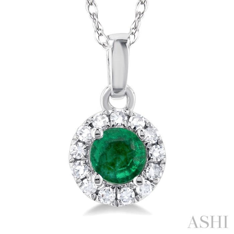 1/20 ctw Round Cut Diamond and 3.25MM Round Cut Emerald Halo Precious Pendant with Chain in 14K White Gold