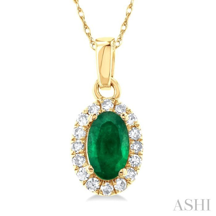 1/20 ctw Round Cut Diamond and 5X3MM Oval Shape Emerald Halo Precious Pendant with Chain in 14K Yellow Gold
