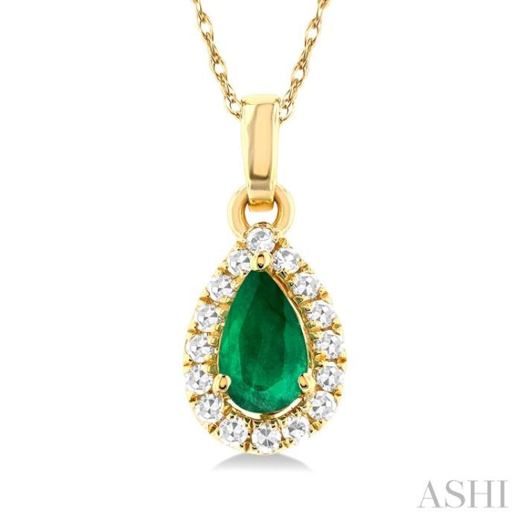 1/20 ctw Round Cut Diamond and 5X3MM Pear Shape Emerald Halo Precious Pendant with Chain in 14K Yellow Gold
