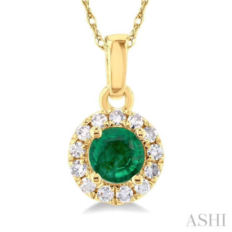 1/20 ctw Round Cut Diamond and 3.25MM Round Cut Emerald Halo Precious Pendant with Chain in 14K Yellow Gold