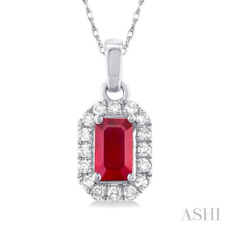 1/20 ctw Round Cut Diamond and 5X3MM Octagonal Shape Ruby Halo Precious Pendant with Chain in 14K White Gold