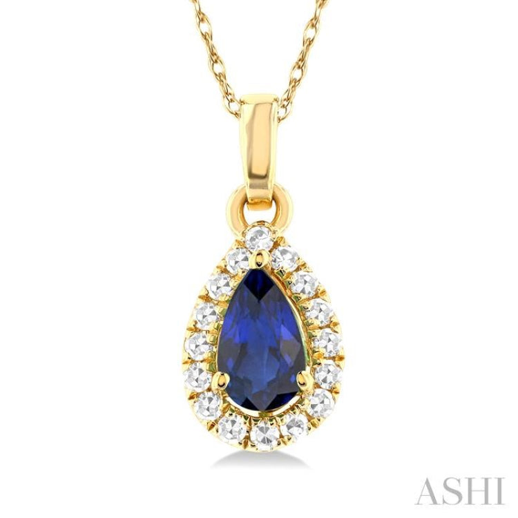 1/20 ctw Round Cut Diamond and 5X3MM Pear Shape Sapphire Halo Precious Pendant with Chain in 14K Yellow Gold