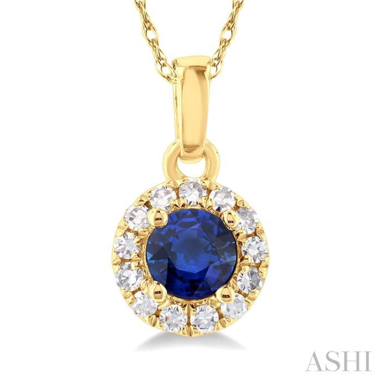 1/20 ctw Round Cut Diamond and 3.25MM Round Cut Sapphire Halo Precious Pendant with Chain in 14K Yellow Gold