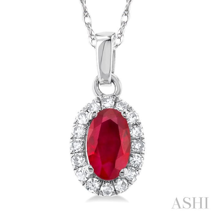 1/20 ctw Round Cut Diamond and 5X3MM Oval Shape Ruby Halo Precious Pendant with Chain in 10K White Gold