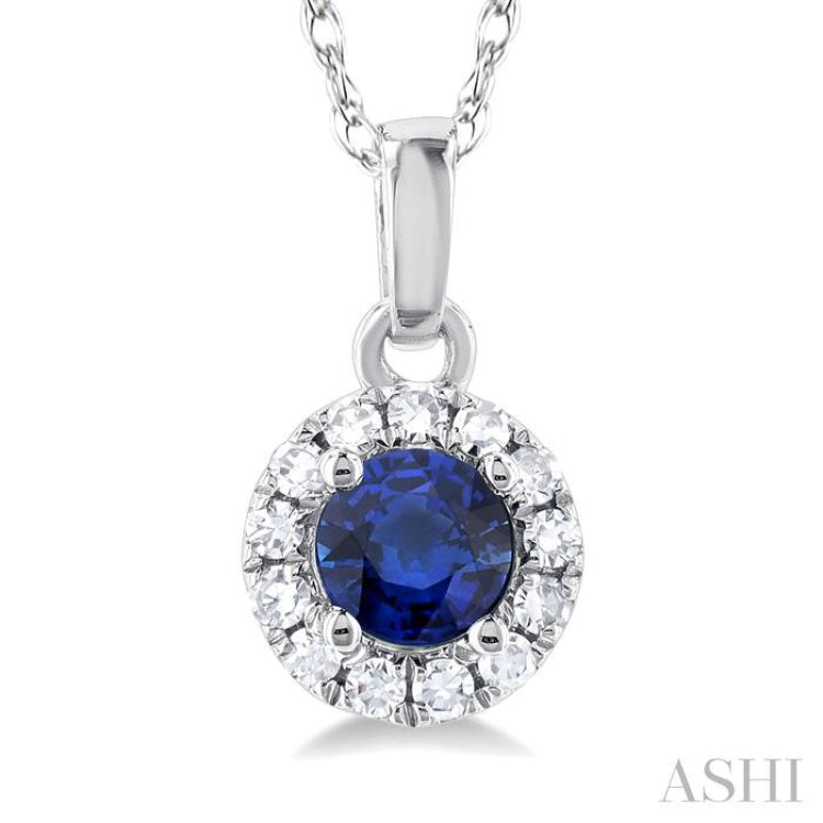 1/20 ctw Round Cut Diamond and 3.25MM Round Cut Sapphire Halo Precious Pendant with Chain in 10K White Gold