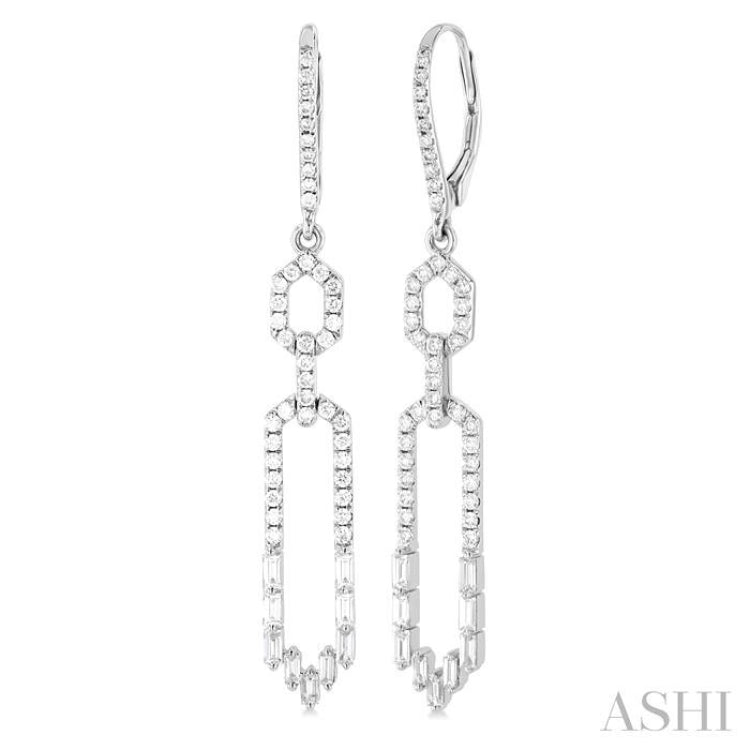 1 1/5 ctw Paper Clip Baguette and Single Cut Diamond Long Fashion Earrings in 14K White Gold