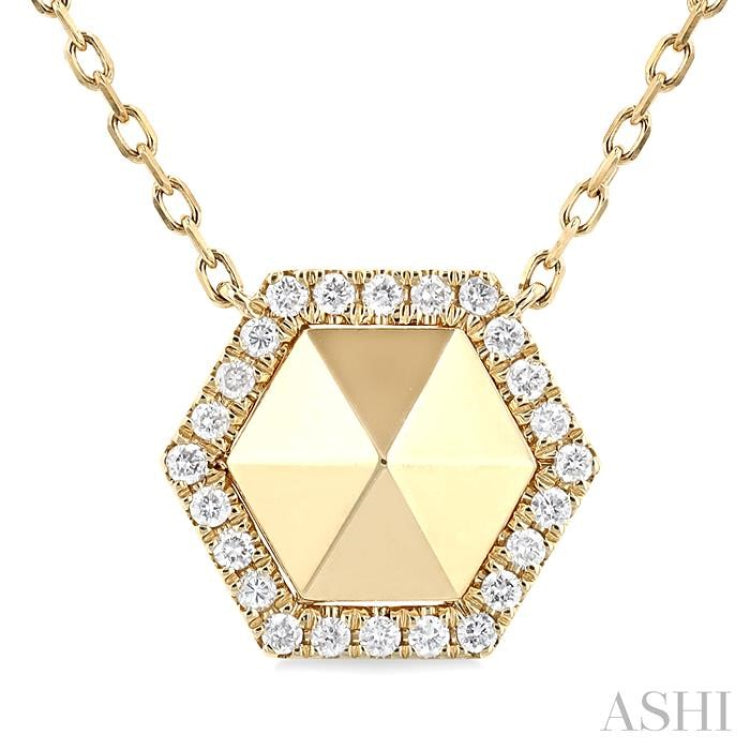 1/4 ctw Petite Hexagon Single Cut Diamond Halo Fashion Necklace in 14K Yellow Gold