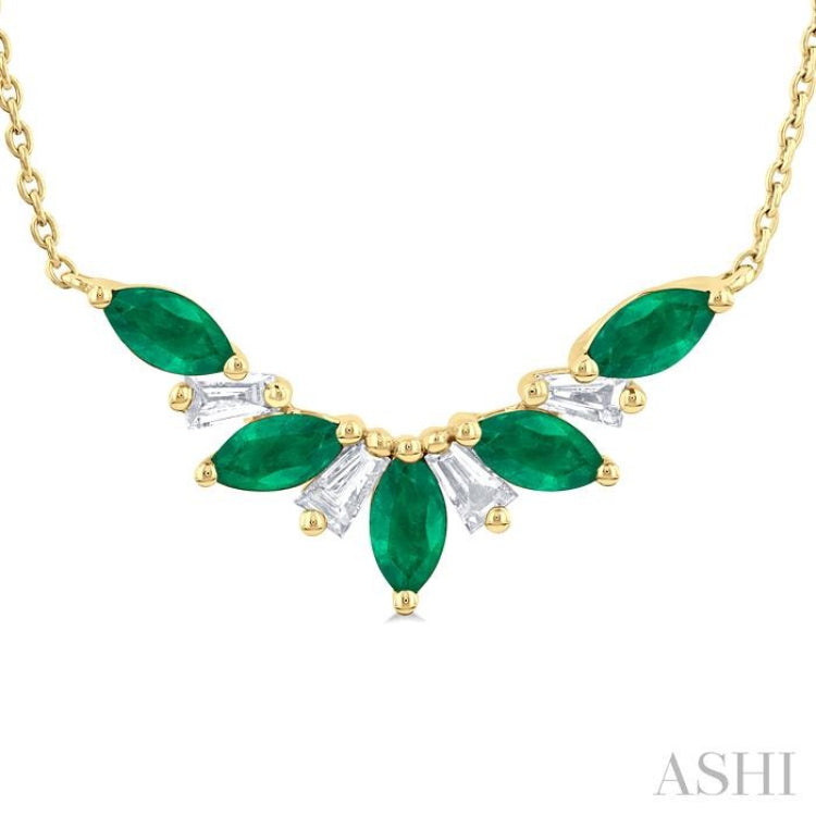 1/6 ctw Marquise Cut 5X3MM Emerald and Baguette Cut Diamond Precious Gemstone Necklace in 14K Yellow Gold