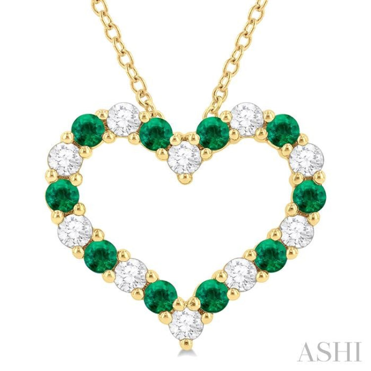 1/2 ctw Open Heart 2.3 MM Round Cut Emerald and Round Cut Diamond Precious Fashion Pendant With Chain in 14K Yellow Gold