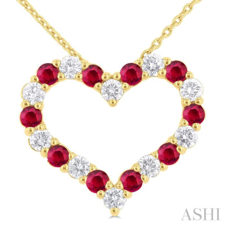 1/2 ctw Open Heart 2.3 MM Round Cut Ruby and Round Cut Diamond Precious Fashion Pendant With Chain in 14K Yellow Gold