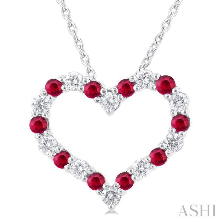 1/4 ctw Open Heart 1.80 MM Round Cut Ruby and Round Cut Diamond Precious Fashion Pendant With Chain in 14K White Gold