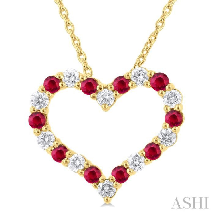 1/4 ctw Open Heart 1.80 MM Round Cut Ruby and Round Cut Diamond Precious Fashion Pendant With Chain in 14K Yellow Gold