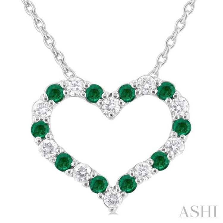 1/8 ctw Open Heart 1.4 MM Round Cut Emerald and Round Cut Diamond Precious Fashion Pendant With Chain in 14K White Gold