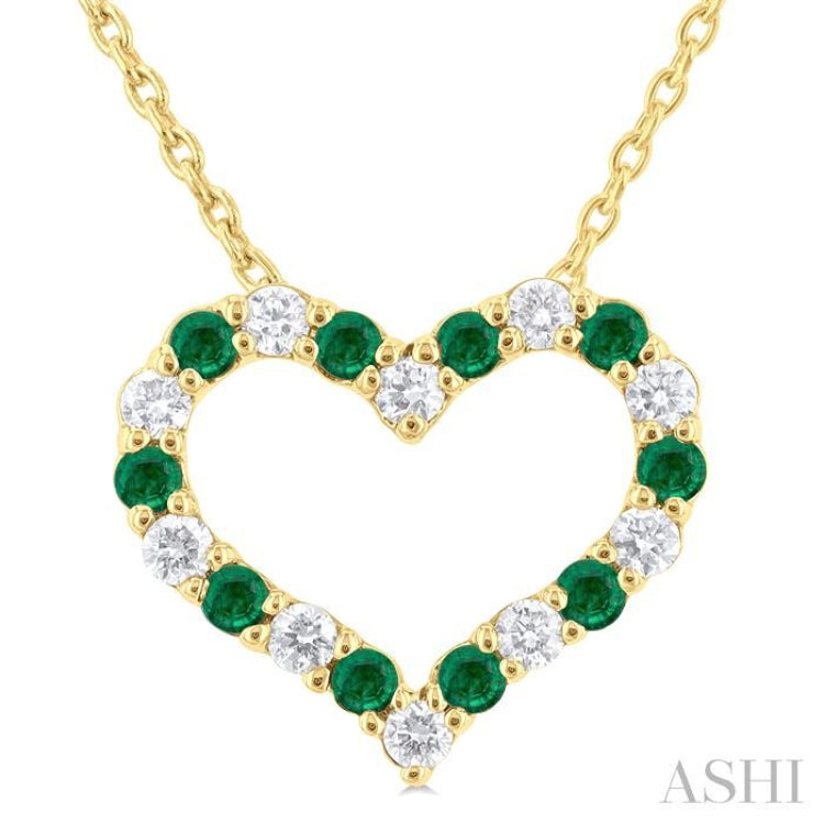 1/8 ctw Open Heart 1.4 MM Round Cut Emerald and Round Cut Diamond Precious Fashion Pendant With Chain in 14K Yellow Gold