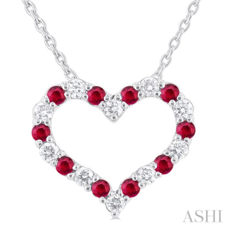 1/8 ctw Open Heart 1.4 MM Round Cut Ruby and Round Cut Diamond Precious Fashion Pendant With Chain in 14K White Gold