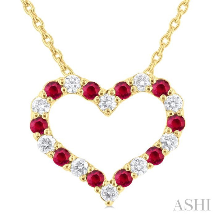 1/8 ctw Open Heart 1.4 MM Round Cut Ruby and Round Cut Diamond Precious Fashion Pendant With Chain in 14K Yellow Gold