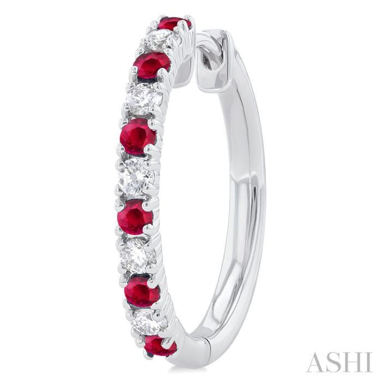 1/4 ctw Petite 1.80 MM Ruby and Round Cut Diamond Precious Fashion Huggies in 10K White Gold