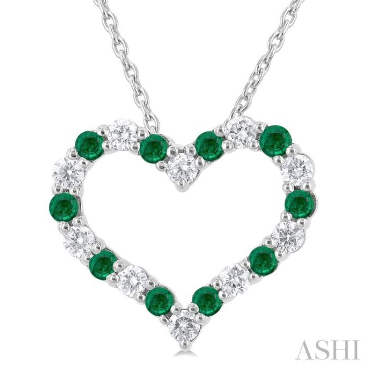 1/4 ctw Open Heart 1.80 MM Round Cut Emerald and Round Cut Diamond Precious Fashion Pendant With Chain in 14K White Gold