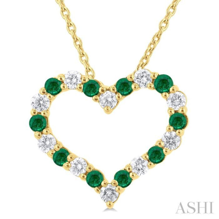 1/4 ctw Open Heart 1.80 MM Round Cut Emerald and Round Cut Diamond Precious Fashion Pendant With Chain in 14K Yellow Gold