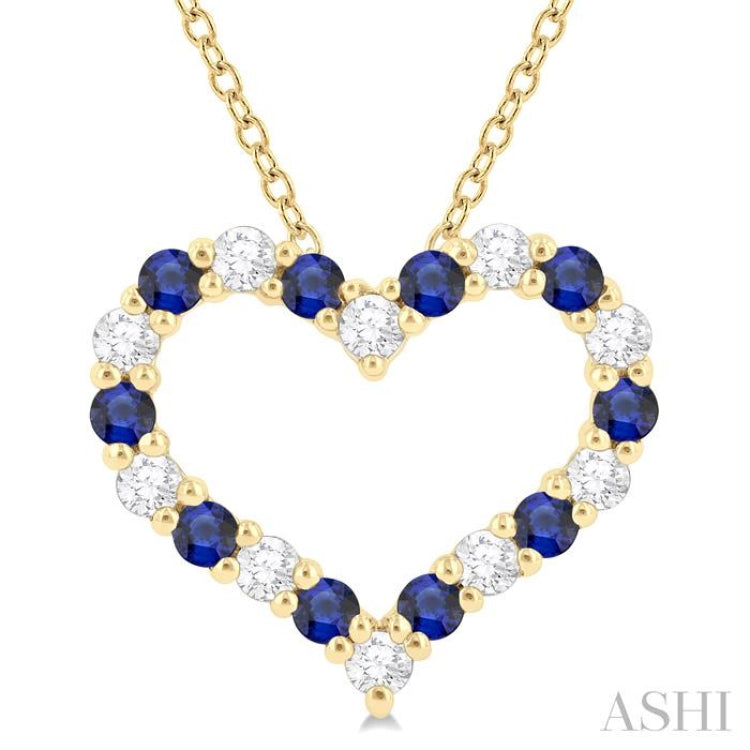1/4 ctw Open Heart 1.80 MM Round Cut Sapphire and Round Cut Diamond Precious Fashion Pendant With Chain in 14K Yellow Gold