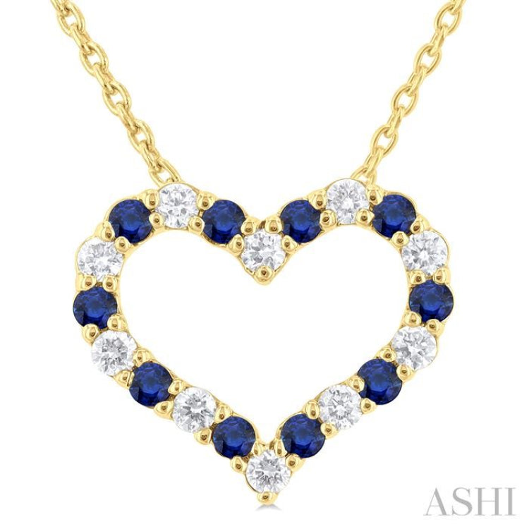 1/8 ctw Open Heart 1.4 MM Round Cut Sapphire and Round Cut Diamond Precious Fashion Pendant With Chain in 14K Yellow Gold