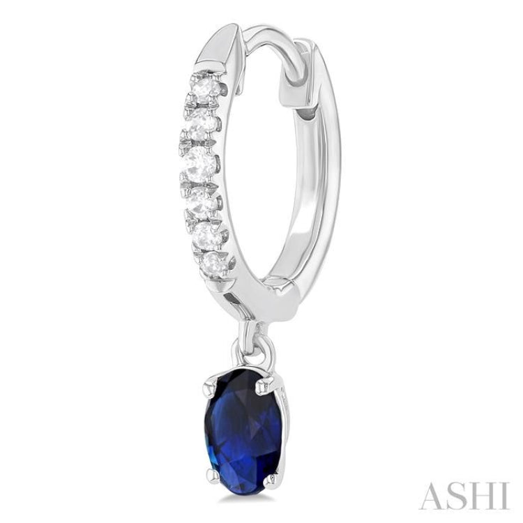 1/8 ctw Petite 5X3MM Oval Cut Sapphire and Round Cut Diamond Precious Fashion Huggies in 10K White Gold