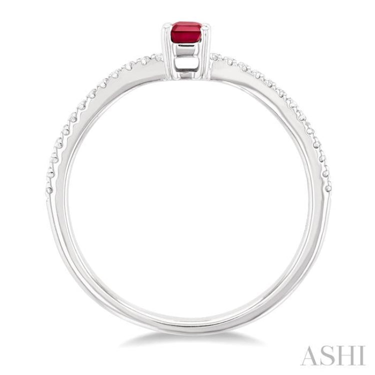 1/10 ctw Petite 5x3 MM Emerald Cut Ruby and Round Cut Diamond Precious Fashion Ring in 10K White Gold
