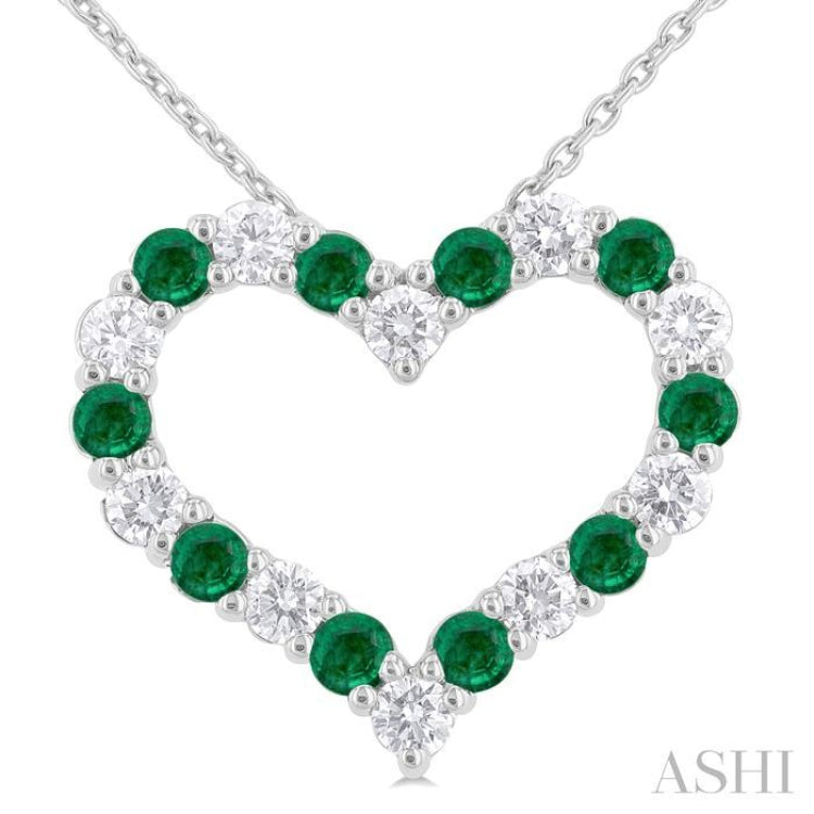 1/2 ctw Open Heart 2.3 MM Round Cut Emerald and Round Cut Diamond Precious Fashion Pendant With Chain in 14K White Gold