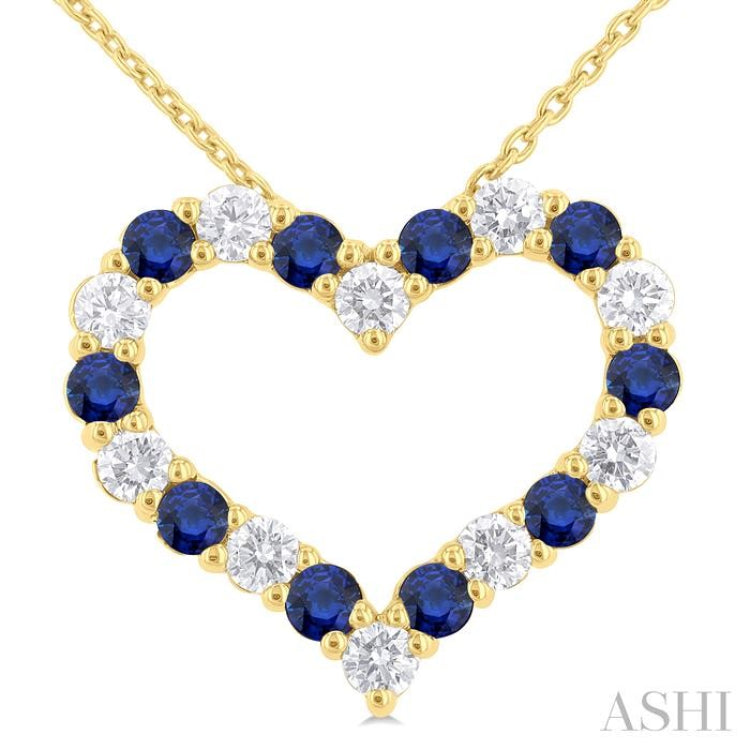 1/2 ctw Open Heart 2.3 MM Round Cut Sapphire and Round Cut Diamond Precious Fashion Pendant With Chain in 14K Yellow Gold
