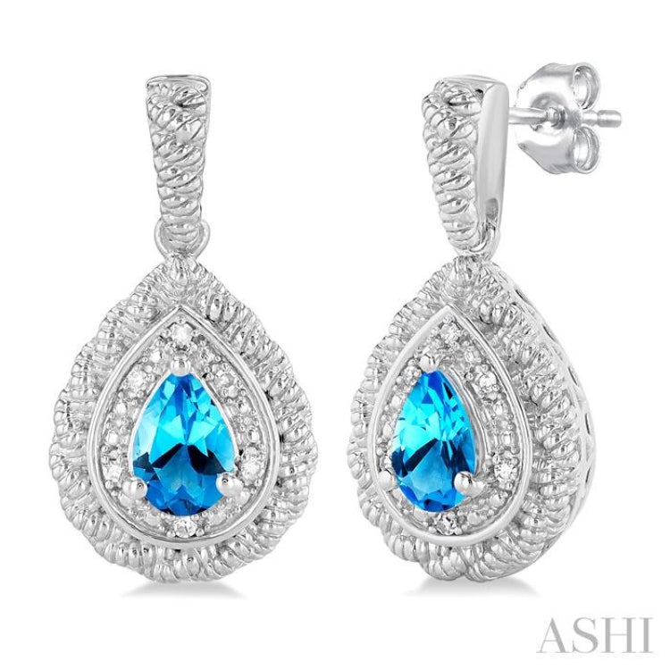1/20 ctw Pear Cut 6X4MM Blue Topaz and Round Cut Diamond Semi Precious Earring in Sterling Silver