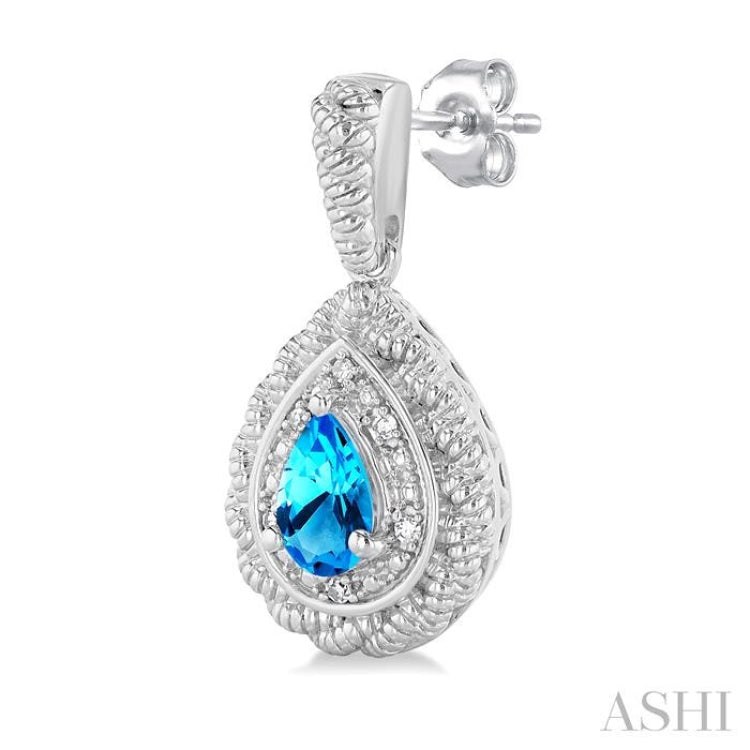 1/20 ctw Pear Cut 6X4MM Blue Topaz and Round Cut Diamond Semi Precious Earring in Sterling Silver