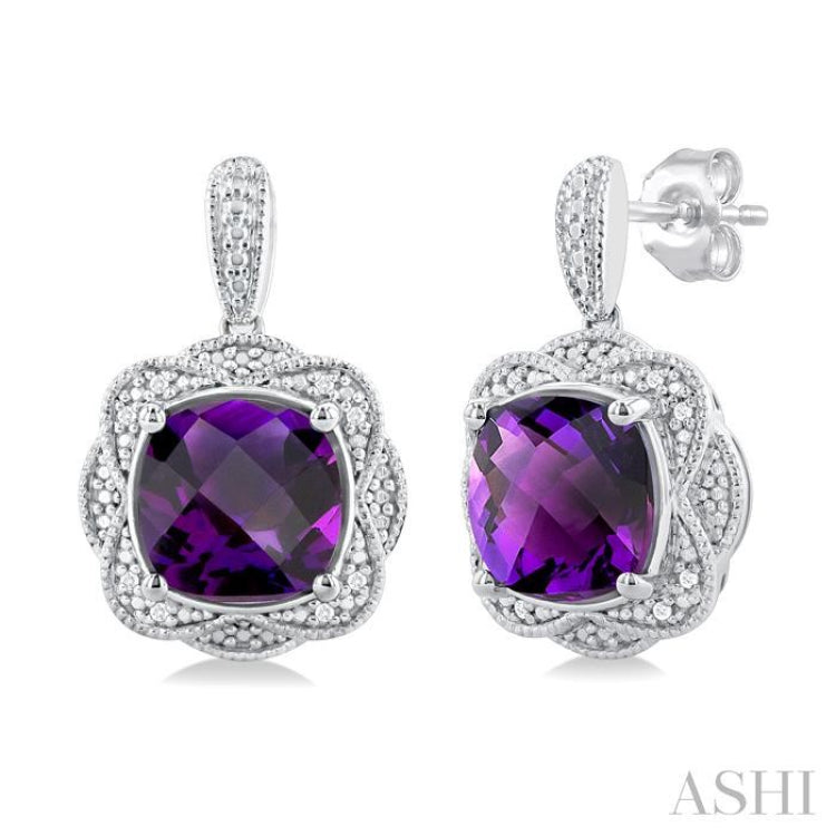 1/20 ctw Cushion Cut 8X8MM Amethyst and Round Cut Diamond Semi Precious Earring in Sterling Silver
