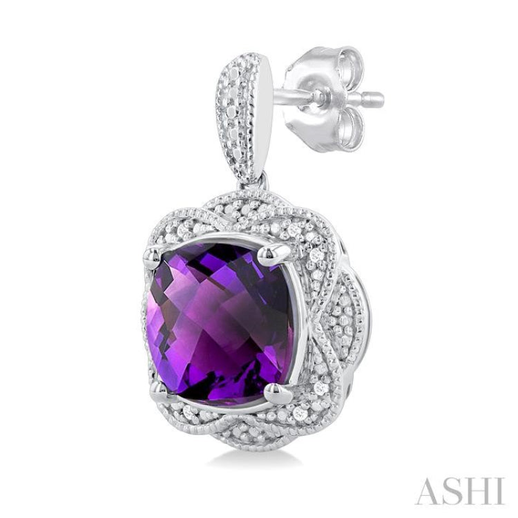 1/20 ctw Cushion Cut 8X8MM Amethyst and Round Cut Diamond Semi Precious Earring in Sterling Silver