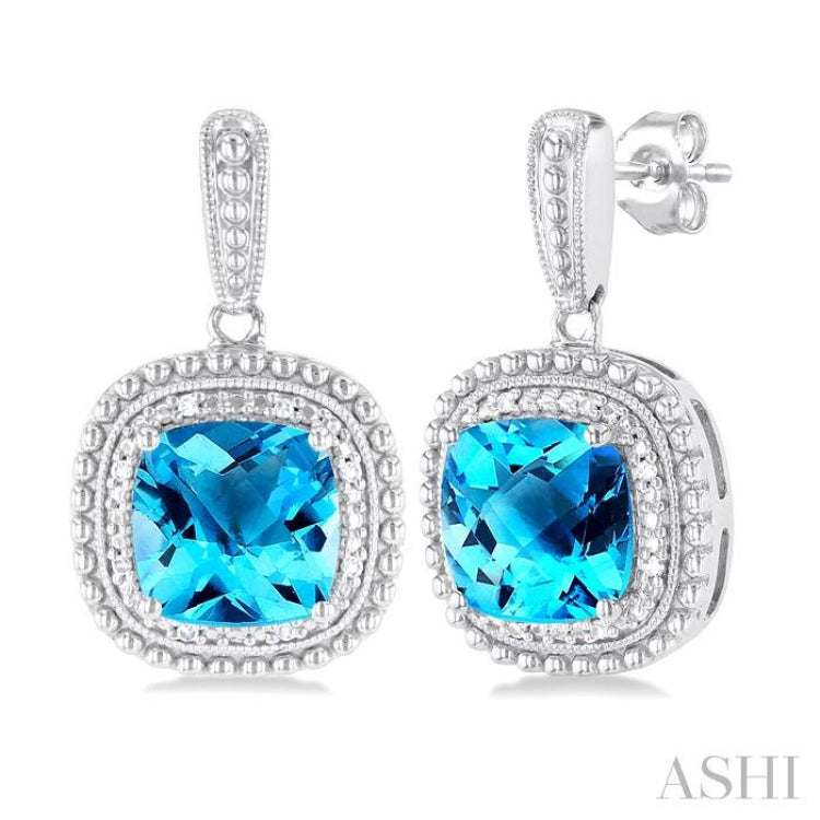 1/20 ctw Cushion Cut 8X8 MM Blue Topaz and Round Cut Diamond Semi Precious Earring in Sterling Silver
