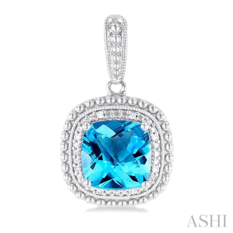1/20 ctw Cushion Cut 8X8 MM Blue Topaz and Round Cut Diamond Semi Precious Earring in Sterling Silver