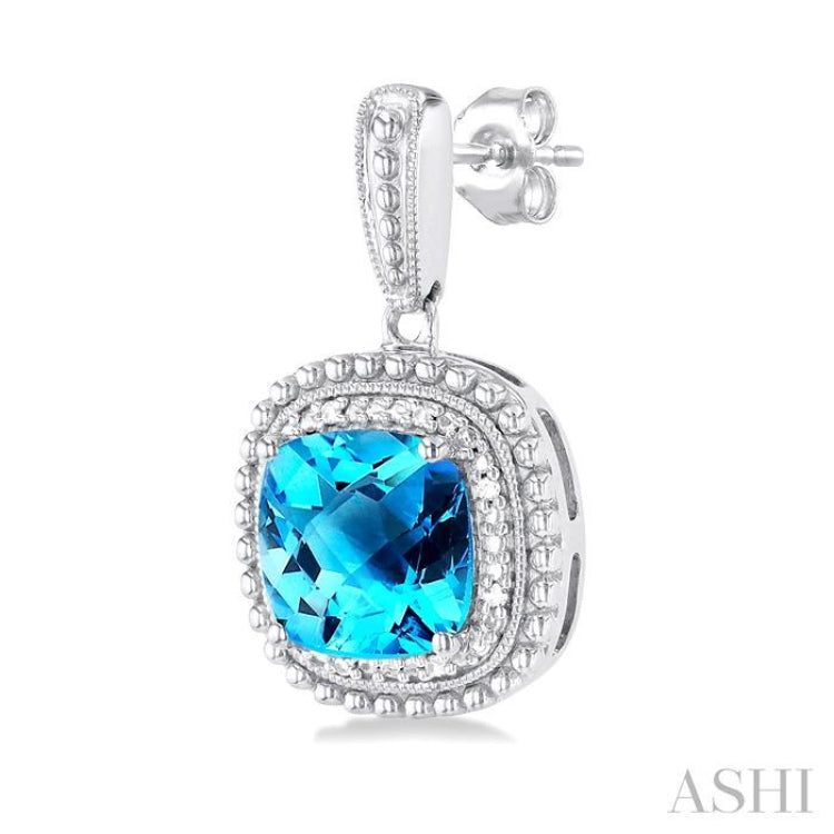 1/20 ctw Cushion Cut 8X8 MM Blue Topaz and Round Cut Diamond Semi Precious Earring in Sterling Silver
