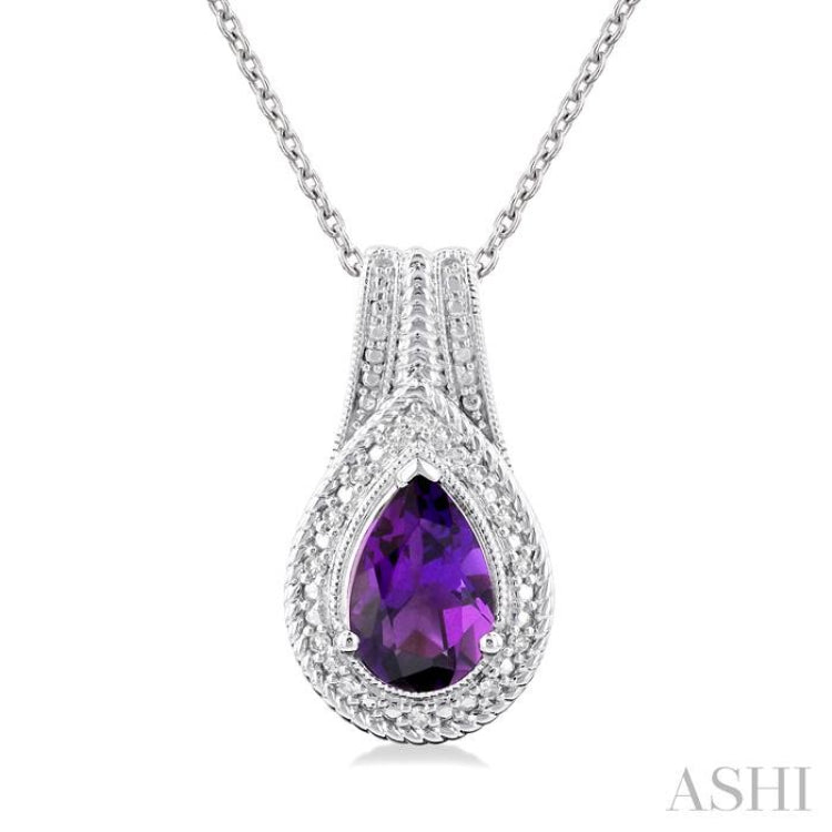 1/20 ctw Pear Cut 9X6 MM Amethyst and Round Cut Diamond Waterfall Loop Semi Precious Pendant With Chain in Sterling Silver