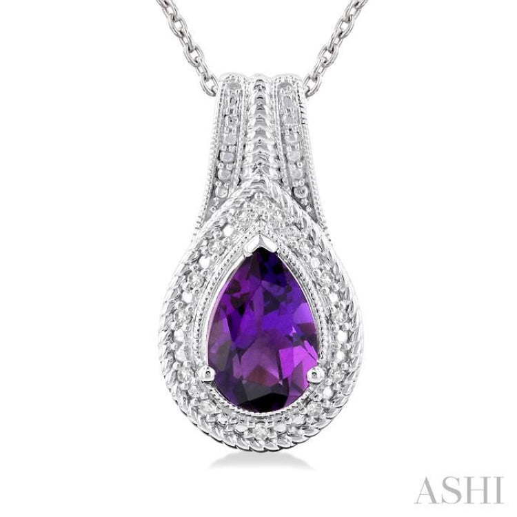 1/20 ctw Pear Cut 9X6 MM Amethyst and Round Cut Diamond Waterfall Loop Semi Precious Pendant With Chain in Sterling Silver