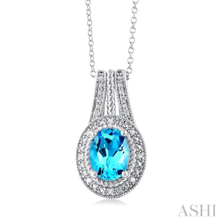 1/20 ctw Bar Loop Oval Cut 8X6 MM Blue Topaz and Round Cut Diamond Semi Precious Pendant With Chain in Sterling Silver