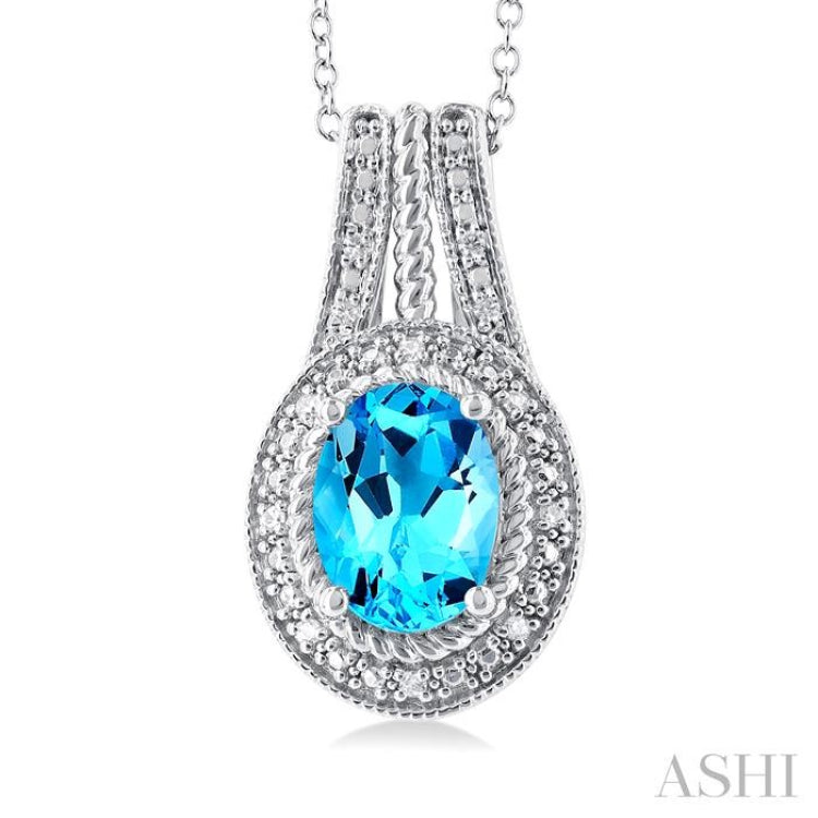 1/20 ctw Bar Loop Oval Cut 8X6 MM Blue Topaz and Round Cut Diamond Semi Precious Pendant With Chain in Sterling Silver