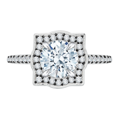 Black and White Rhodium Tips Diamond Halo Vintage Engagement Ring in 14K White Gold (Semi-Mount)